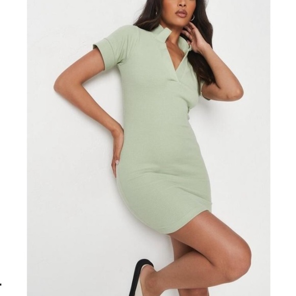 Missguided Rib V Neck Collar Detail Mini Dress Neon Green 2 - Picture 2 of 7